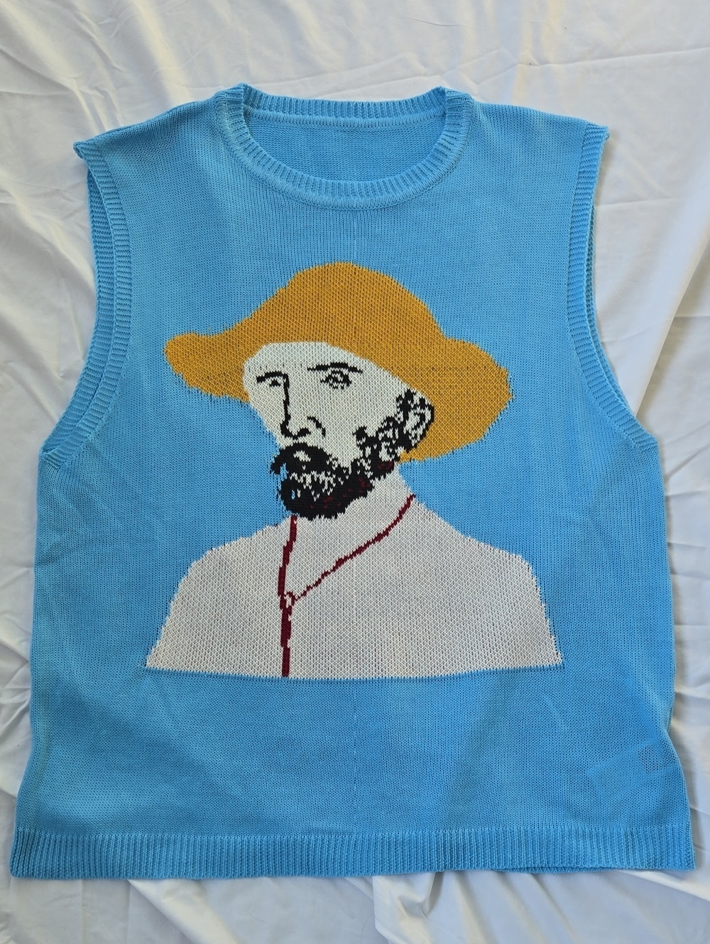 Men's Knit Sleeveless Sweater Sky Blue With A Portrait Of Van Gogh? Size Xl.